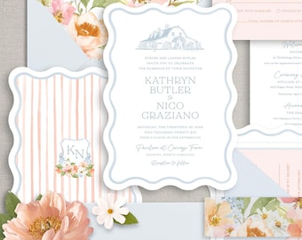 wavy die cut wedding invitation with venue sketch, pink and blue wedding invitation suite for colorful wedding