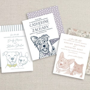 custom pet drawing wedding save the date cards, printed save the dates with pet portrait sketch, unique and funny save the date card