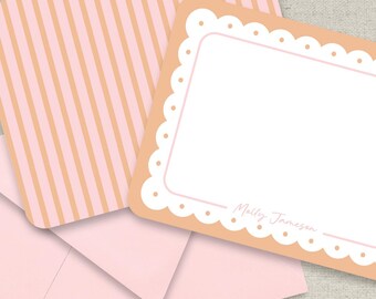 Personalized scallop border stationery - Girls pink thank you notes, flat cards with envelopes
