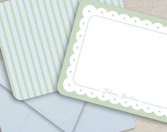 Personalized scallop border stationery - Blue and green thank you notes, flat cards with envelopes