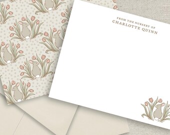 Bunny personalized stationery set, new baby thank you note cards, cute rabbit flat cards with envelopes