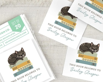 personalized tabby cat book labels, set of 20 two inch custom peel and stick bookplate stickers