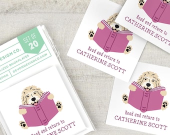 personalized bookplate stickers with doodle dog, 2 inch children's bookplates with dog, set of 20 kids labels, peel and stick