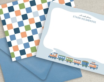 Personalized train notecard set, nursery notecards stationery for boys, baby shower thank you cards