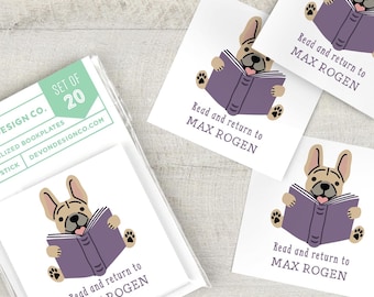 personalized book label stickers with french bulldog, 2 inch bookplates with frenchie reading, set of 20, peel and stick