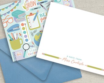teacher note card set, personalized back to school stationery, flat cards with envelopes