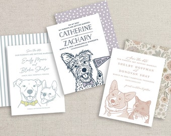 custom pet drawing wedding save the date cards, printed save the dates with pet portrait sketch, unique and funny save the date card