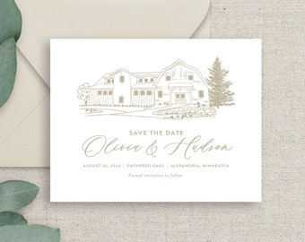 neutral wedding venue sketch save the date cards, personalized with venue drawing, classic beige printed save the date cards