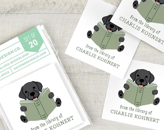 personalized bookplate stickers with black lab, 2 inch children's bookplates with dog reading, set of 20, peel and stick labels
