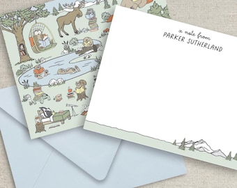 Woodland Animal Notecard Set, Personalized Camp Stationery for Kids