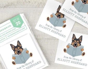 personalized book label stickers with german shepherd, 2 inch custom peel and stick dog bookplate stickers, set of 20