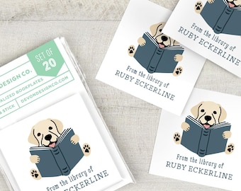 personalized bookplate stickers with yellow lab reading book, 2 inch children's book stickers, set of 20, peel and stick labels