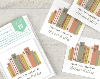 Personalized Bookplate Stickers with colorful bookshelf illustration, 2 inch book labels, set of 20 stickers peel and stick