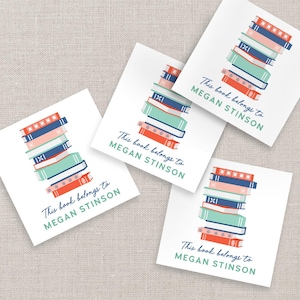 Personalized bookplate stickers, custom book labels with colorful stack of books, gift for reader, (Sets of 24)