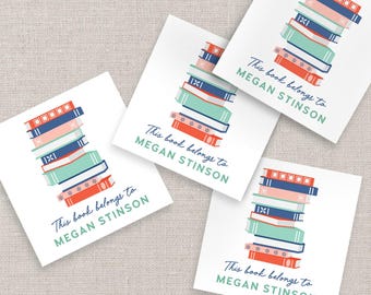 Personalized bookplate stickers, custom book labels with colorful stack of books, gift for reader, (Sets of 24)