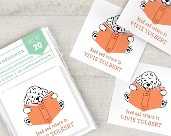 personalized book label stickers with white poodle, set of 20 two-inch custom peel and stick dog bookplate stickers
