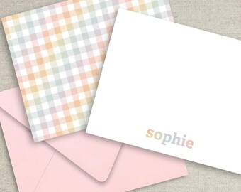 Personalized Stationery: Rainbow Gingham Notecards, Baby Girl Thank You Cards