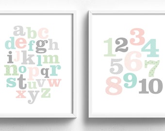 ABC art print, pastel nursery art, alphabet & numbers nursery print set, pink nursery decor, ABC 123 art, playroom art, girl nursery art