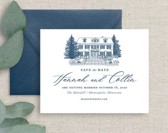 custom venue sketch save the date cards, printed save the dates with venue illustration, wedding venue drawing, navy blue save the date