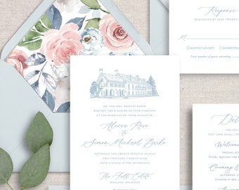 Light Blue Wedding Invitation with Custom Venue Sketch, Classic Pastel blue and pink, floral accented, printed invitation set