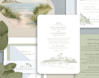 coastal wedding invitation with custom venue sketch, sage green beach wedding printed invitation set