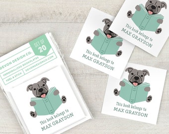 personalized bookplate stickers with pittie, 2 inch childrens bookplates with dog, cute kids book label stickers, gift for pitbull lover