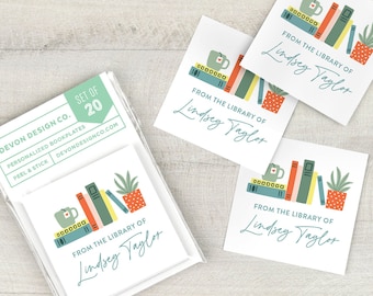 personalized bookplates with cute bookshelf illustration, 2 inch custom book stickers, book club gift, gift for readers, gift for teacher