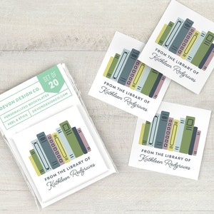 personalized bookplates with colorful books, 2 inch custom book label stickers, sets of 20, book club gift, gift for readers or teacher gift image 1