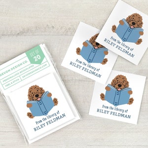 personalized bookplate stickers with doodle dog, 2 inch childrens bookplates with dog, cute kids book label stickers, gift for doodle owner image 1