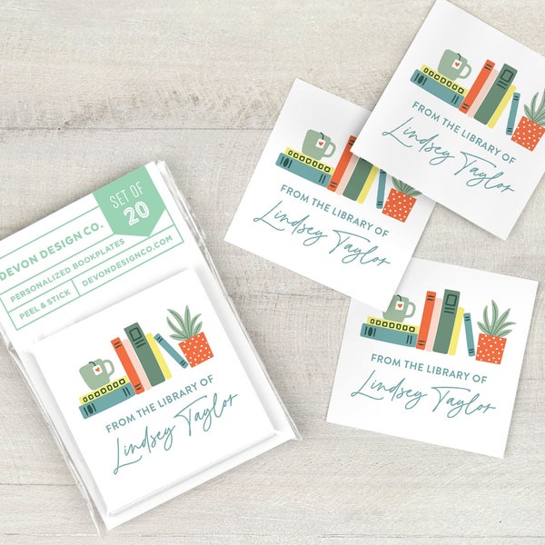 personalized bookplates with cute bookshelf illustration, 2 inch custom book stickers, book club gift, gift for readers, gift for teacher