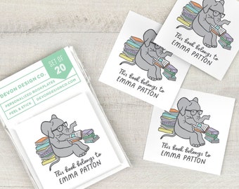 Elephant reading bookplate stickers, 2 inch personalized children's book labels, gift for kids, kids reading gift, set of 20, peel and stick