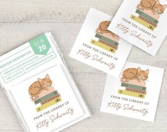 personalized cat book labels, 2 inch childrens custom bookplate stickers, set of 20, book club gift, gift for book lover, gift for teacher