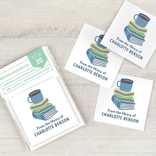 personalized bookplates with cute book stack, 2 inch custom book stickers, sets of 20, book club gift, gift for readers, gift for teacher