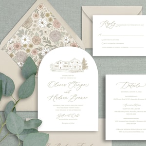 venue sketch arch wedding invitation, neutral wedding invitation suite, arched invitation, custom drawing beige printed invitation set