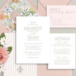 pink modern floral wedding invitations, trendy invitation suite for pastel garden wedding with hand drawn florals, printed invitations