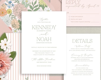 pink modern floral wedding invitations, trendy printed invitation suite for pastel garden wedding with hand drawn florals