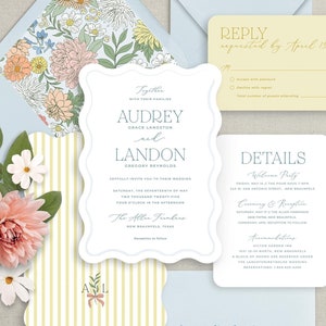 wavy modern floral wedding invitation, colorful pastel wedding invitation suite with wave die cut edge, light blue floral printed invites