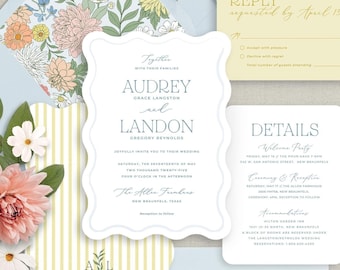 wavy modern floral wedding invitation, colorful pastel wedding invitation suite with wave die cut edge, light blue floral printed invites