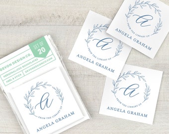 monogram bookplates, 2 inch personalized bookplate stickers, hostess gift, personalized floral monogram, gift for readers, set of 20