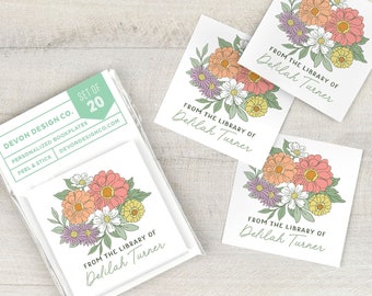 personalized floral book labels, 2 inch Zinnia bookplate stickers, custom flower bookplates, sets of 20, book club gift, gift for teacher