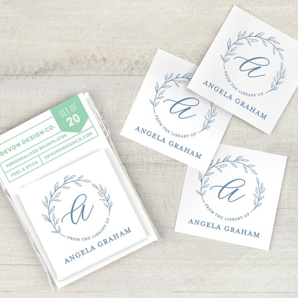 monogram bookplates, 2 inch personalized bookplate stickers, hostess gift, personalized floral monogram, gift for readers, set of 20