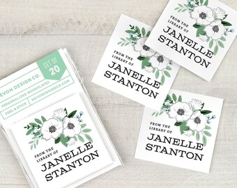 personalized book labels, 2 inch floral bookplate stickers, custom anemone bookplates, set of 20, book club gift, teacher gift