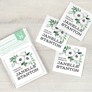 personalized book labels, 2 inch floral bookplate stickers, custom anemone bookplates, set of 20, book club gift, teacher gift