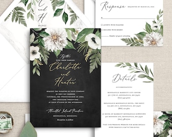 white floral wedding invitation, black and white wedding invitations for a classic wedding, printed invitations for a spring wedding