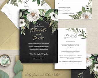 white floral wedding invitation, black and gold wedding invitations for a classic wedding, printed invitations for a winter wedding