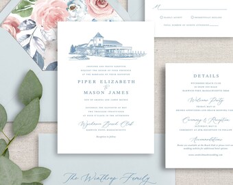 Blue venue sketch wedding invitation, pastel wedding invitation with custom drawing, classic blue and pink floral printed invitation set