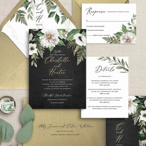 white floral wedding invitation, black and gold wedding invitations for a classic wedding, printed invitations for a winter wedding