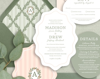 Pink and Green Wavy Oval Wedding Invitation - 128