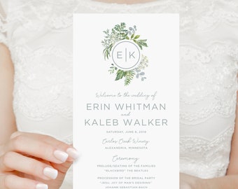 Botanical wedding program, dusty blue wedding programs, greenery program, , order of service, modern ceremony program, printed programs