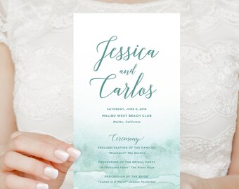 beach wedding program destination wedding programs aqua watercolor printed wedding ceremony programs order of service